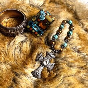 Bundle of Bracelets: Silver Cross Pendant, Stretch Gem Bracelet and Bangle